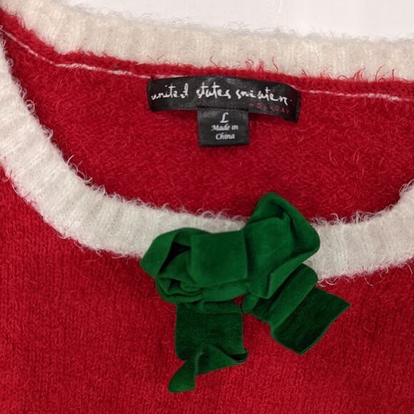 United States Sweaters elf overalls tunic sweater red green bow shiny size large - Picture 5 of 5